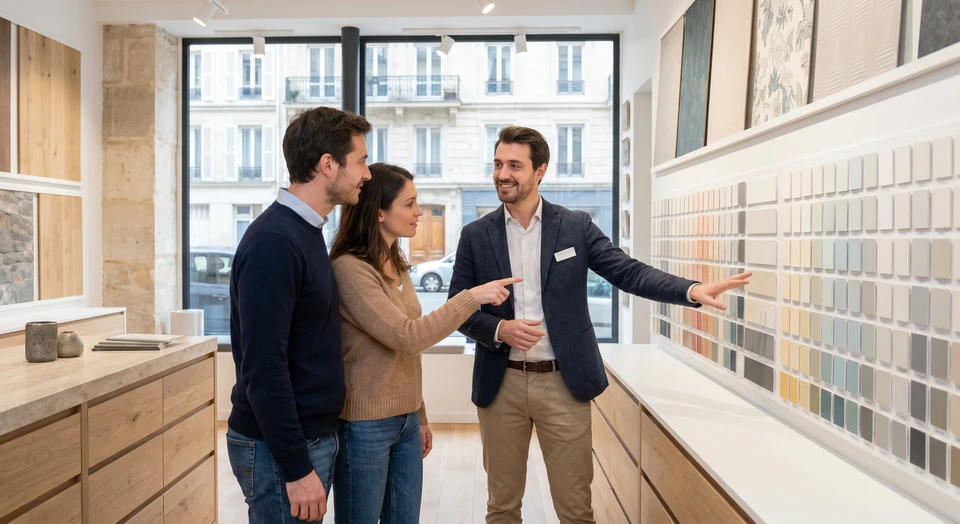 Conseiller de magasin de peinture et décoration accueillant chaleureusement un client dans un univers professionnel, discutant devant un présentoir d'échantillons de peintures et de revêtements muraux, manifestant une attention bienveillante et concentrée lors de la consultation.
