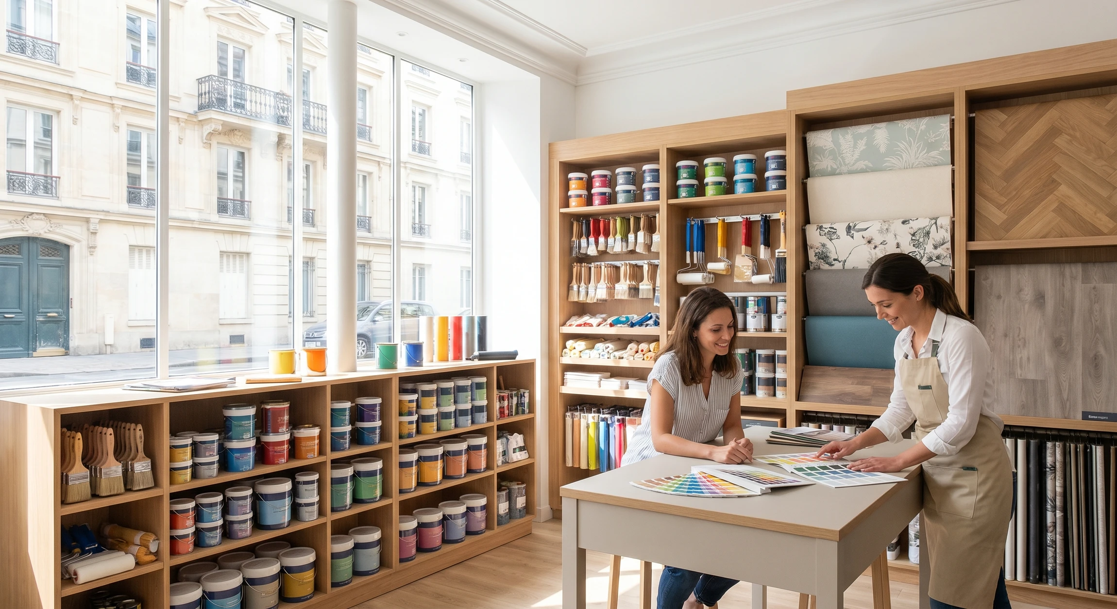 Photographie en perspective d'un intérieur de magasin spécialisé en peintures et revêtements. Le cadre montre des rayonnages bien organisés avec des pots de peinture colorés, des rouleaux, des pinceaux et des accessoires de peinture. À l'avant-plan, visible mais non envahissant, un vendeur ou professionnel en tablier discute avec un client, illustrant le conseil et le service personnalisé. L'ambiance doit être lumineuse, professionnelle et accueillante, avec une clarté sur la diversité des produits disponibles (peintures, revêtements muraux, revêtements de sol).
